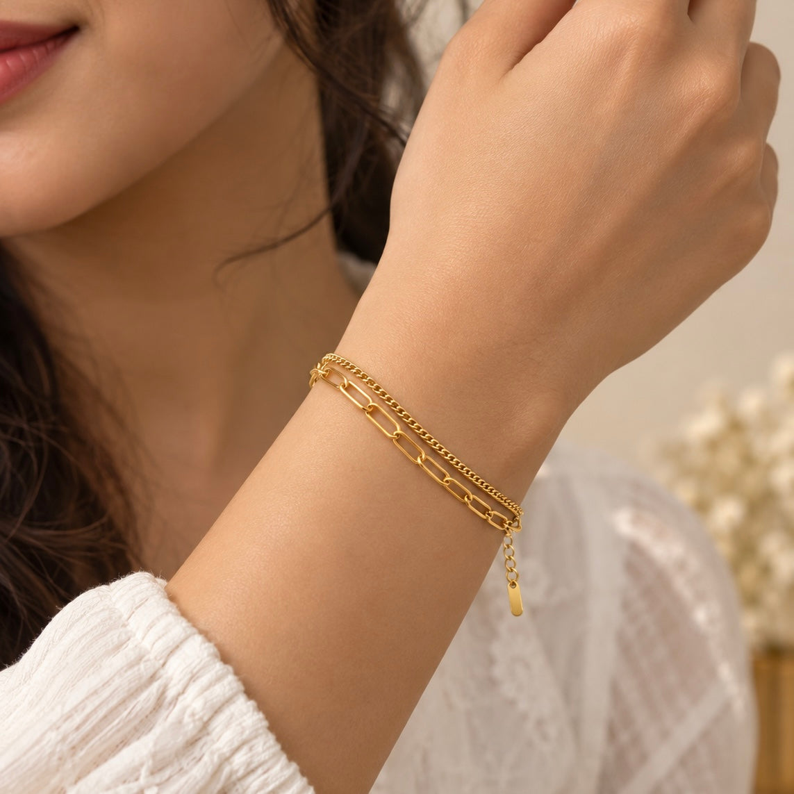 Stainless Steel Anti Tarnish Double Layer Bracelet Adjustable