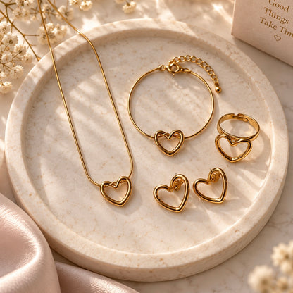 Heart Combo ( Bracelet+Chain+Earrings+Finger Ring)